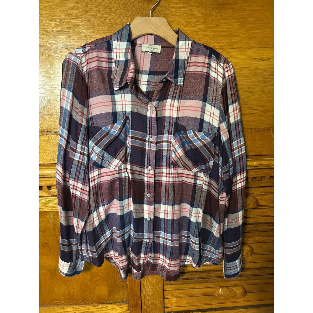 Lucky Brand Y2K Soft Grunge Indie Sleaze Plaid Button Down Shirt Pink Burgundy